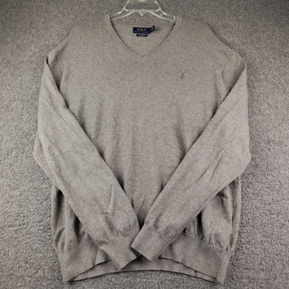 Polo Ralph Lauren Sweater Mens XL Pima Cotton Gray V Neck Lightweight Preppy EUC